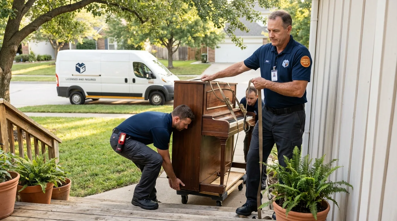Licensed piano movers securing grand piano in Harveys Lake, PA