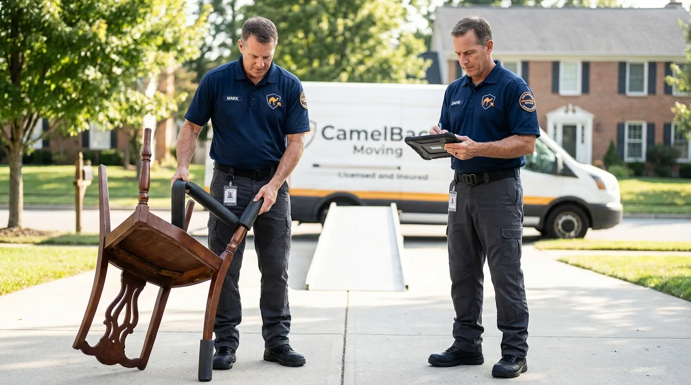 Movers inspecting furniture for damage prevention before loading in Harveys Lake, PA