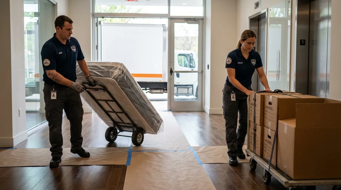 Professional apartment movers loading elevator in Harveys Lake, PA