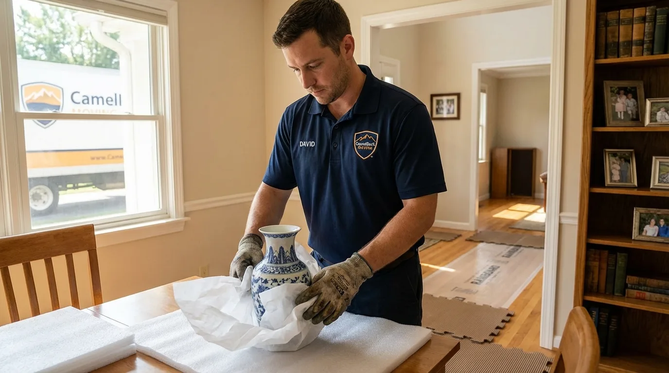 Professional crew carefully wrapping antique vase for senior downsizing move in Harveys Lake, PA